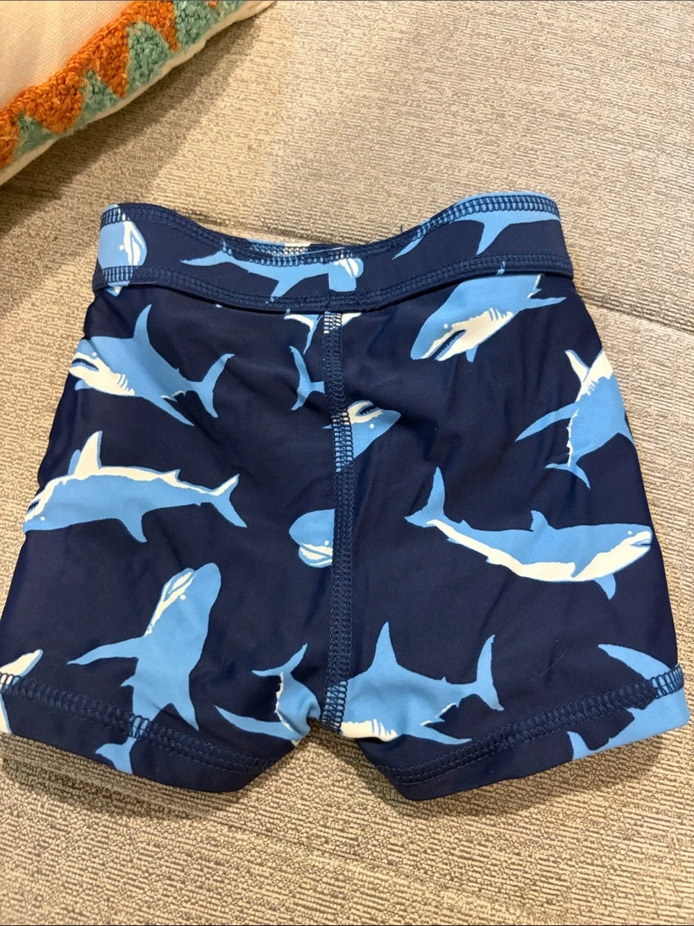 Hanna Andersson Navy Blue Swim Trunks with Light Blue Shark Print